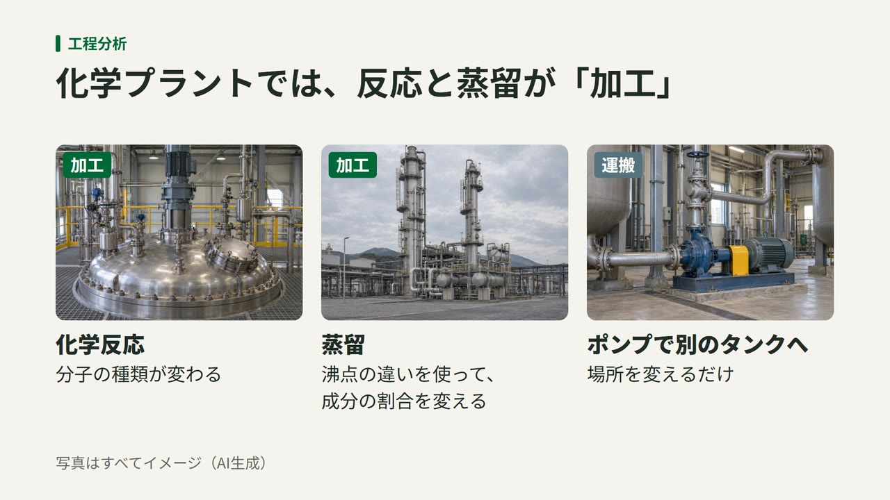 #131の動画版の一場面。反応器・蒸留塔・ポンプの写真を並べ、化学プラントでは反応と蒸留が「加工」にあたると示した図