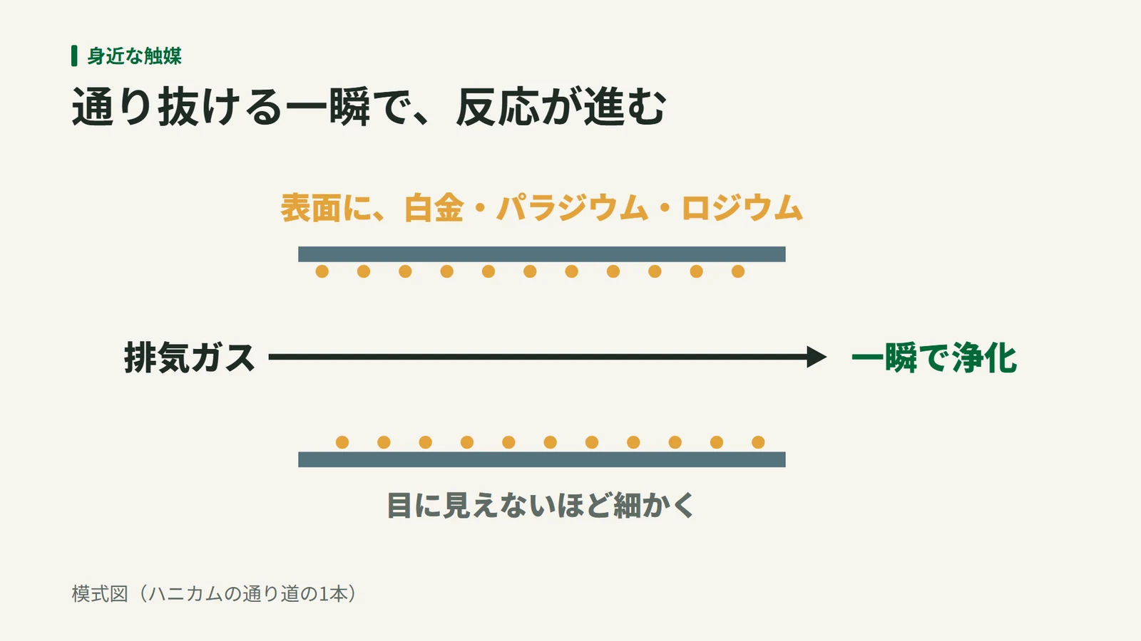 ハニカムの通路の壁に触媒の金属が付き、その間を排気ガスが流れる模式図