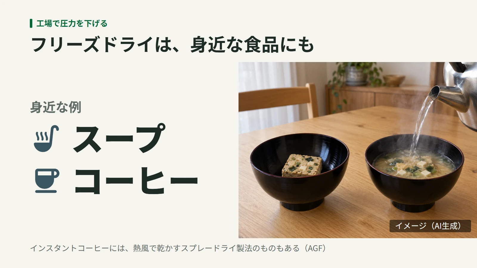 お椀に入れたフリーズドライのみそ汁のかたまりと、お湯を注いで戻しているみそ汁の画像(AI生成)。身近な例にスープとコーヒーを挙げた図