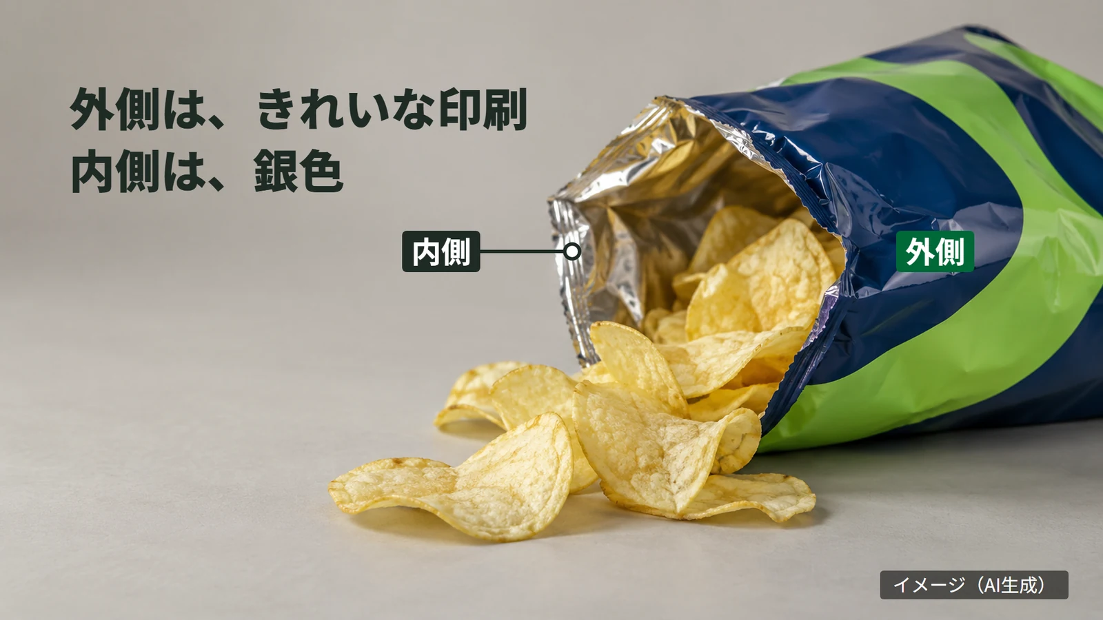 開けたポテトチップスの袋。外側は色柄の印刷、内側は銀色になっている