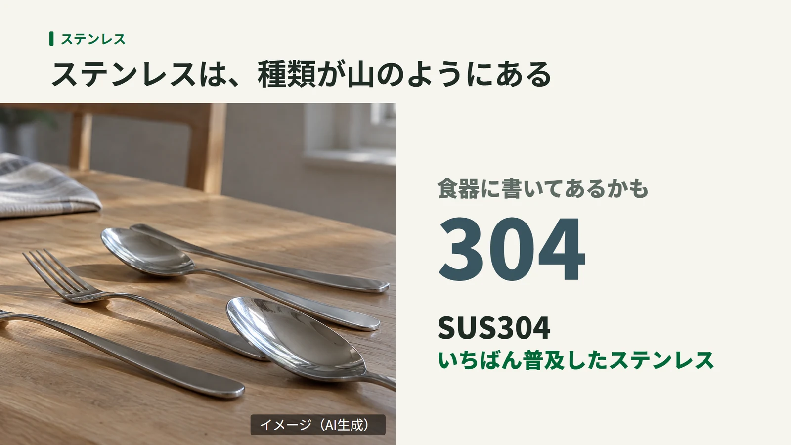 ステンレスの食器と、代表的な種類であるSUS304の番号を示した図