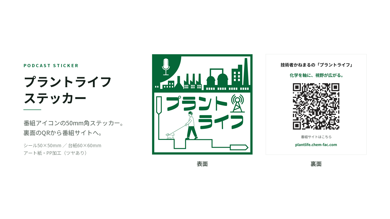 プラントライフのステッカー。表面は番組アイコン、裏面は番組サイトへのQRコード